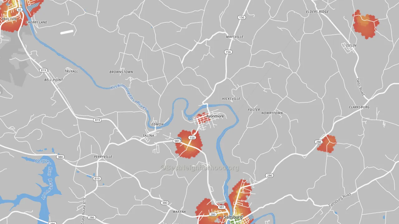 Walk Grade map of Avonmore, PA, walkable areas in green and car-dependent areas in red