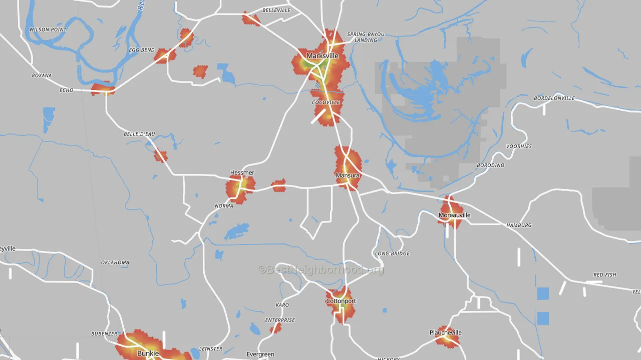 Walk Grade map of Avoyelles Parish, LA, walkable areas in green and car-dependent areas in red