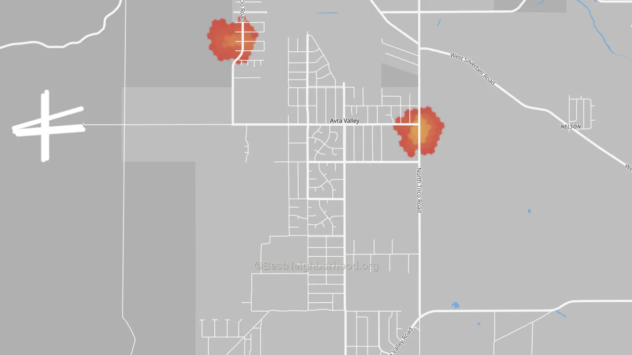 Walk Grade map of Avra Valley, AZ, walkable areas in green and car-dependent areas in red