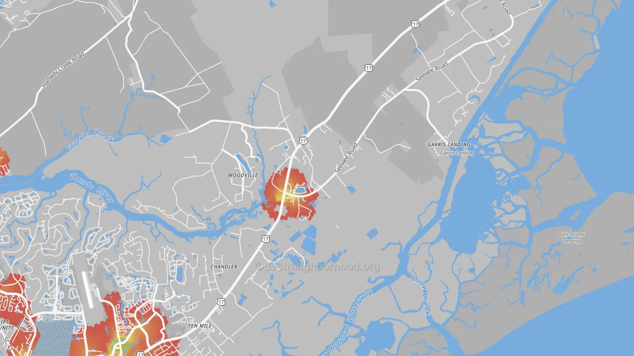 Walk Grade map of Awendaw, SC, walkable areas in green and car-dependent areas in red