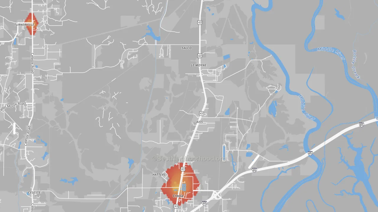 Walk Grade map of Axis, AL, walkable areas in green and car-dependent areas in red