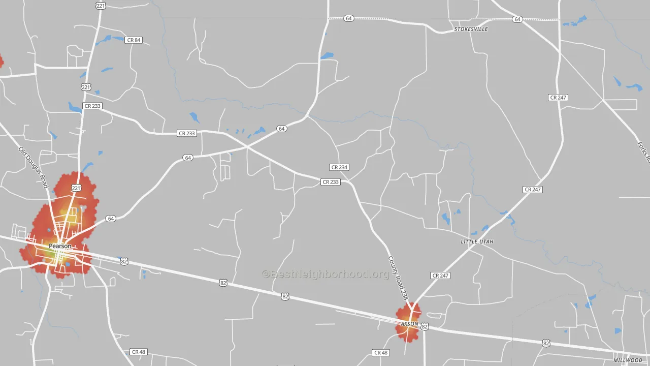 Walk Grade map of Axson, GA, walkable areas in green and car-dependent areas in red