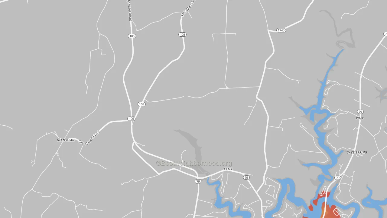 Walk Grade map of Axtel, KY, walkable areas in green and car-dependent areas in red