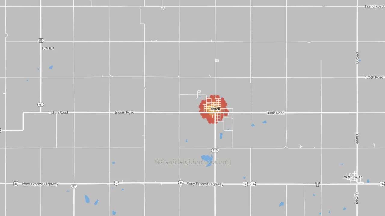 Walk Grade map of Axtell, KS, walkable areas in green and car-dependent areas in red