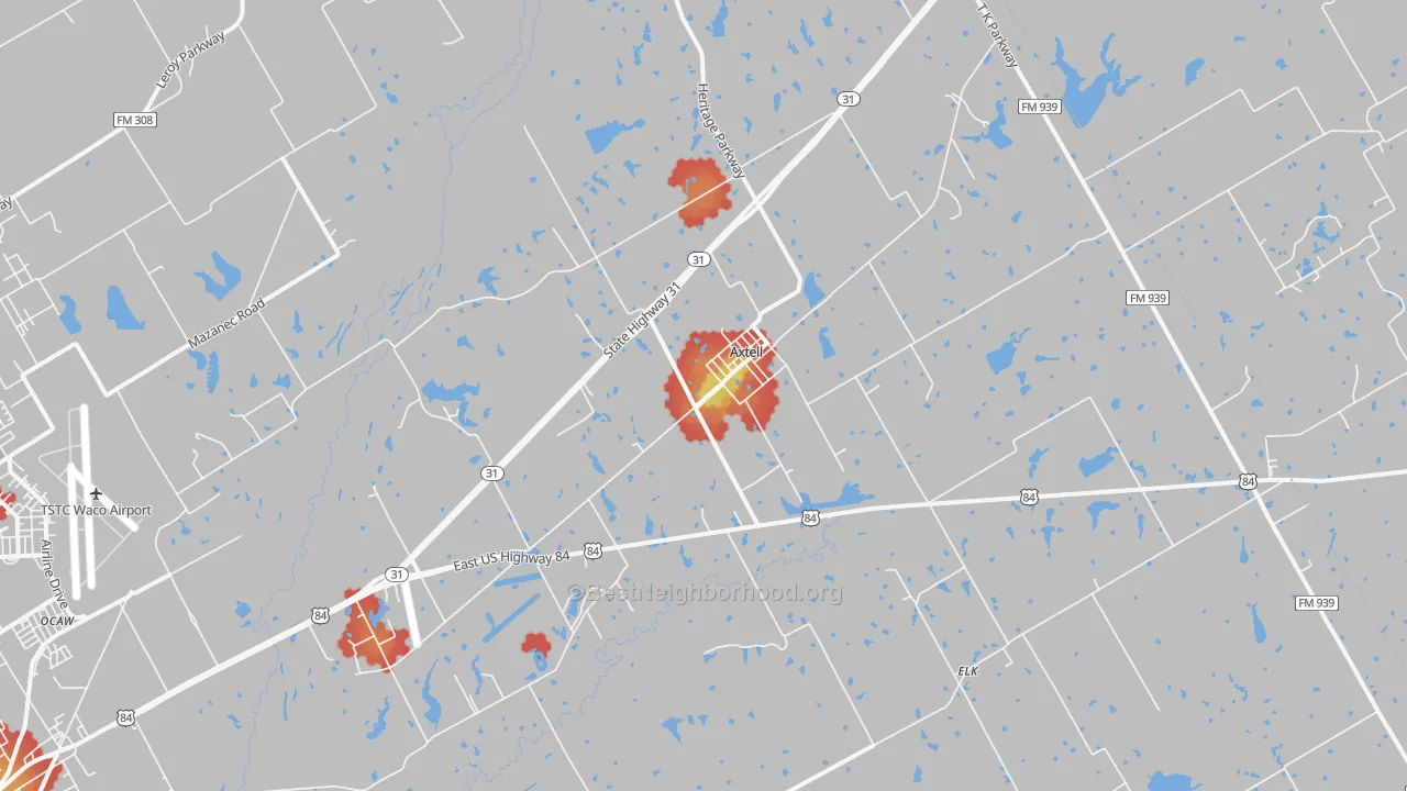 Walk Grade map of Axtell, TX, walkable areas in green and car-dependent areas in red