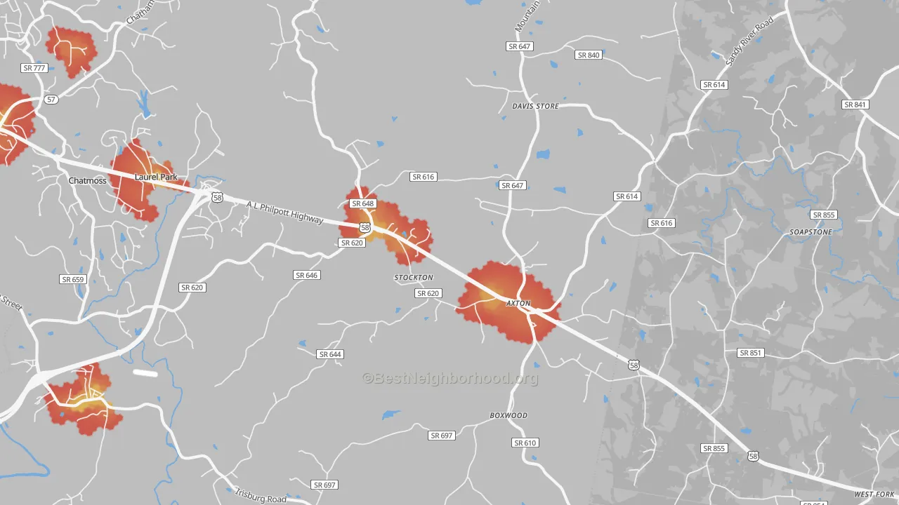 Walk Grade map of Axton, VA, walkable areas in green and car-dependent areas in red