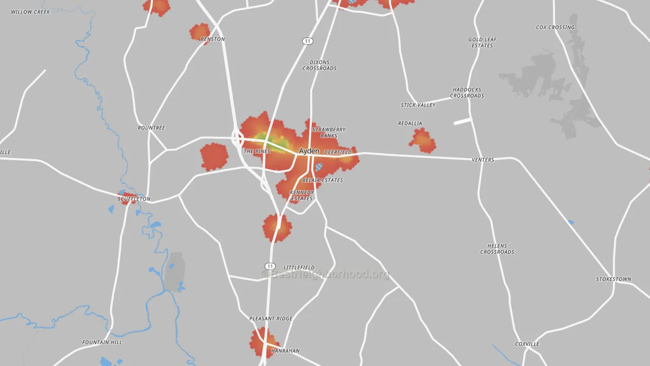 Walk Grade map of Ayden, NC, walkable areas in green and car-dependent areas in red