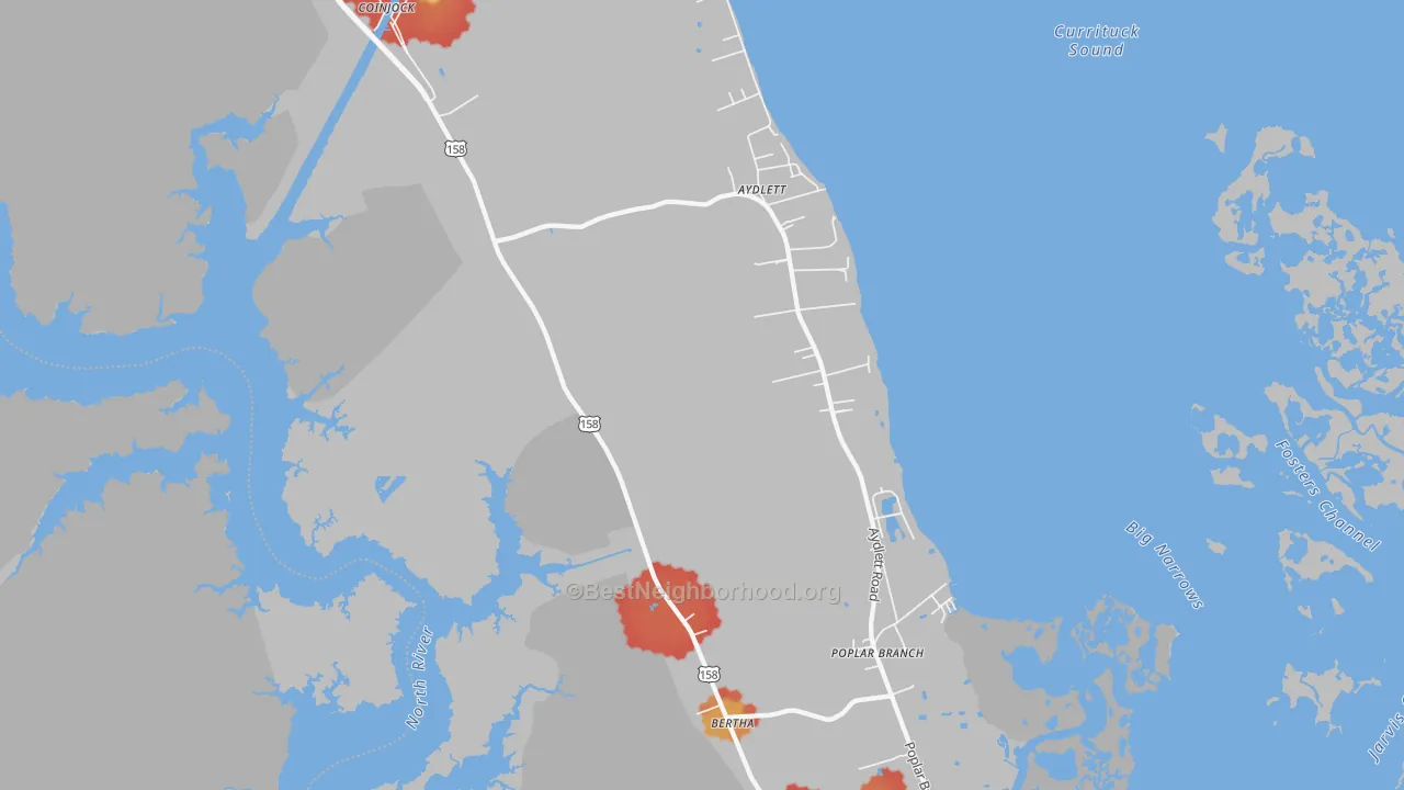 Walk Grade map of Aydlett, NC, walkable areas in green and car-dependent areas in red