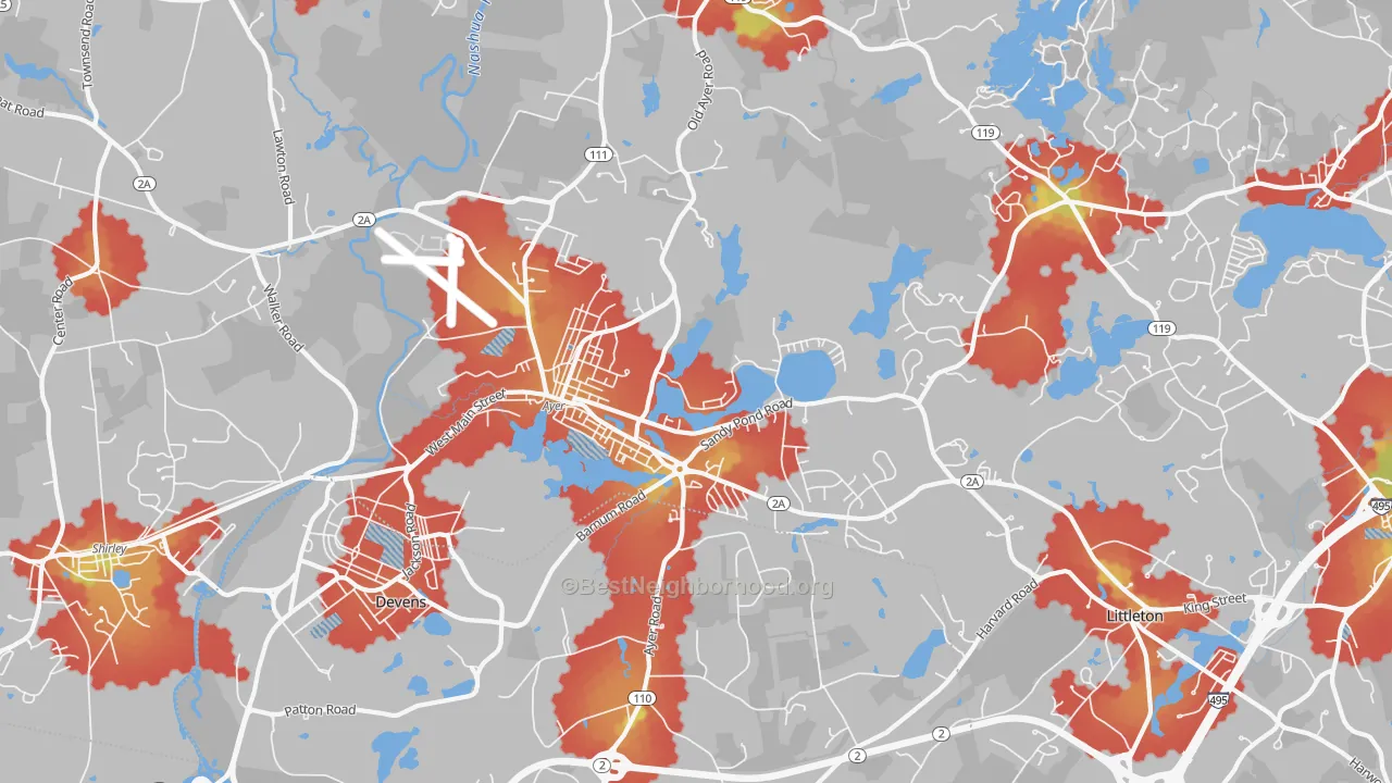 Walk Grade map of Ayer, MA, walkable areas in green and car-dependent areas in red