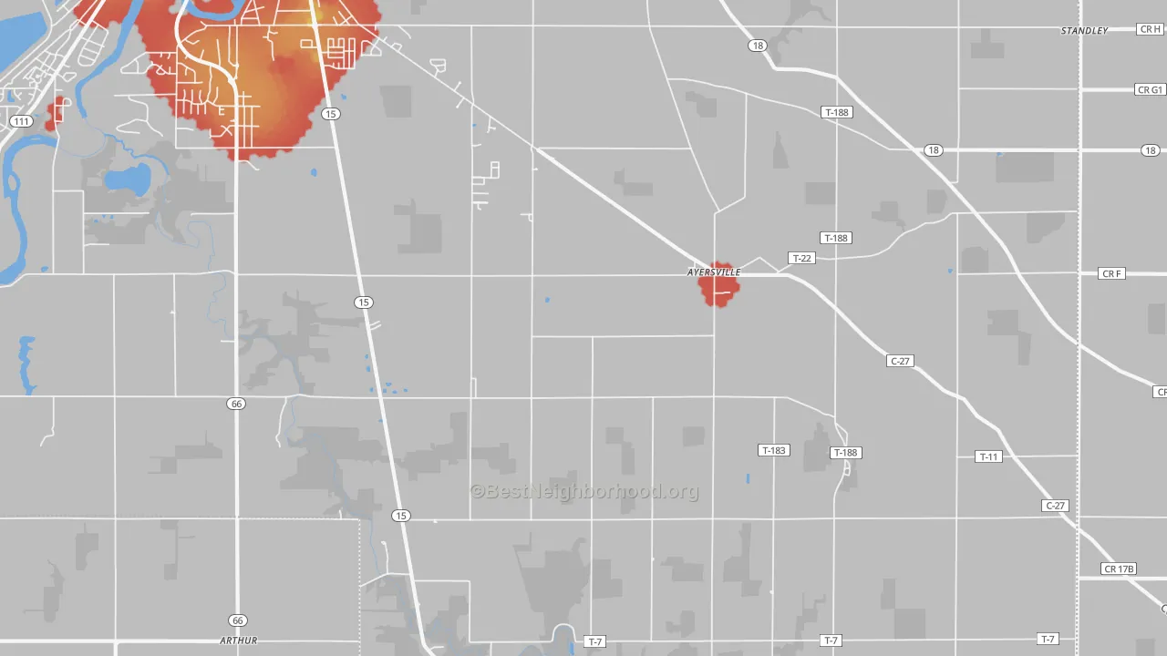 Walk Grade map of Ayersville, OH, walkable areas in green and car-dependent areas in red