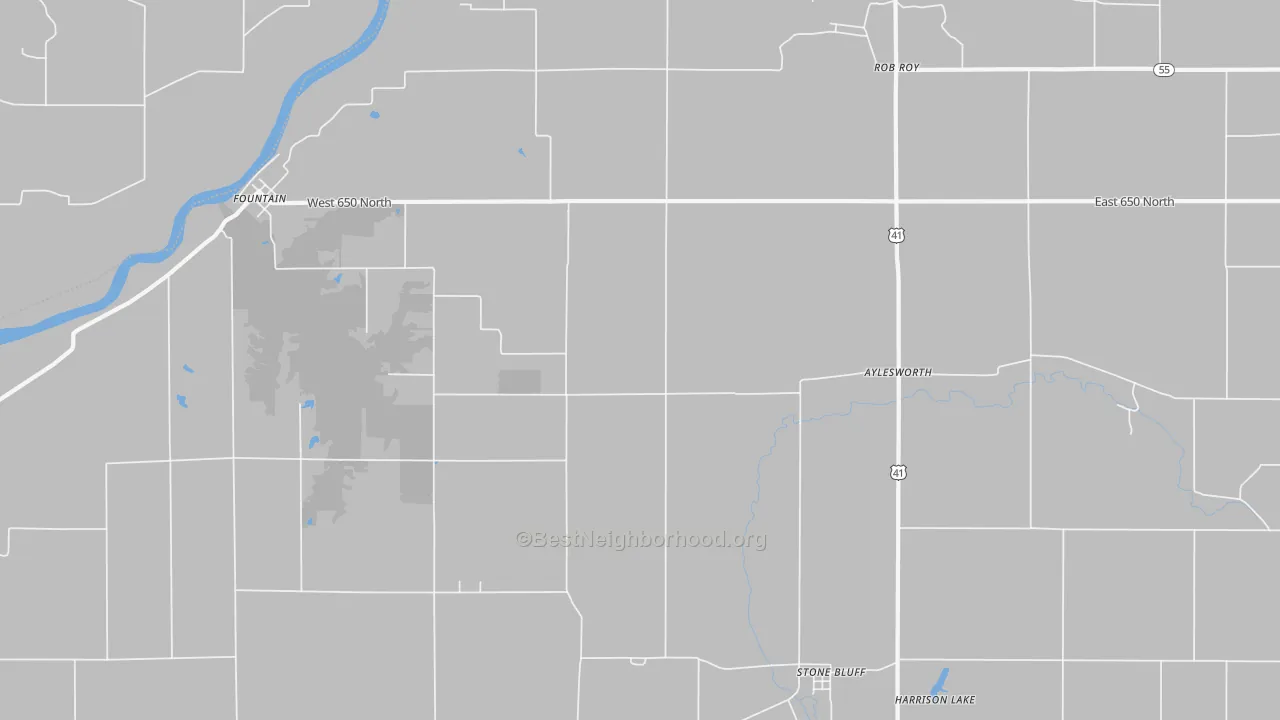 Walk Grade map of Aylesworth, IN, walkable areas in green and car-dependent areas in red