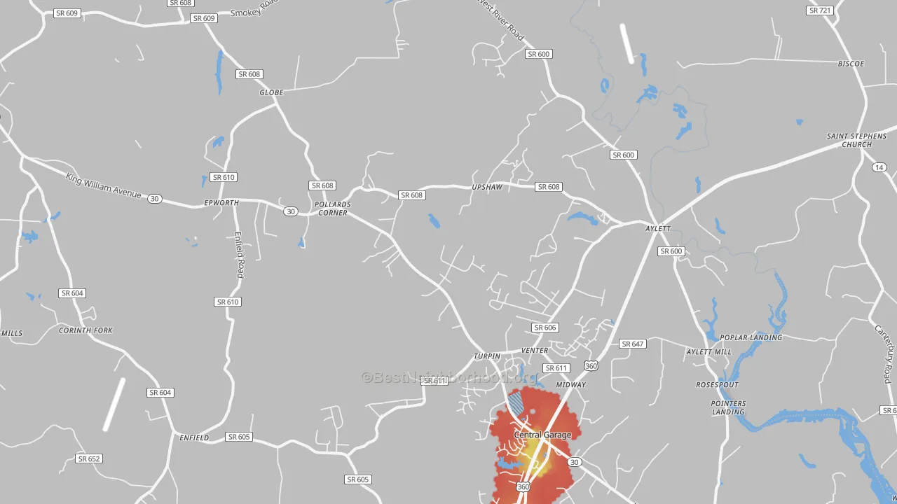 Walk Grade map of Aylett, VA, walkable areas in green and car-dependent areas in red