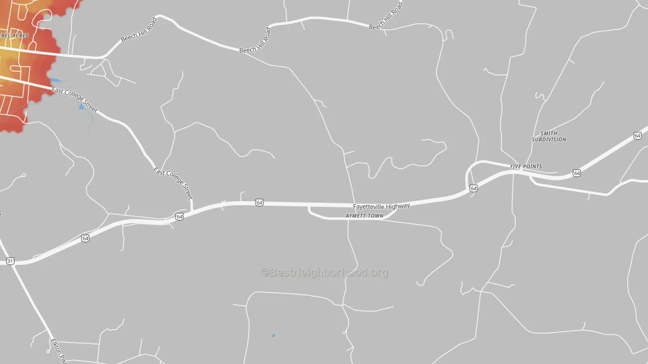 Walk Grade map of Aymett Town, TN, walkable areas in green and car-dependent areas in red