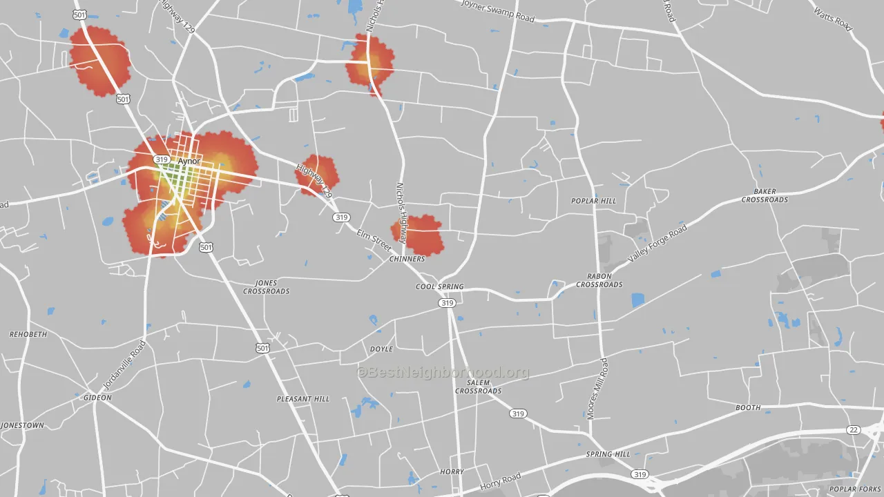Walk Grade map of Aynor, SC, walkable areas in green and car-dependent areas in red