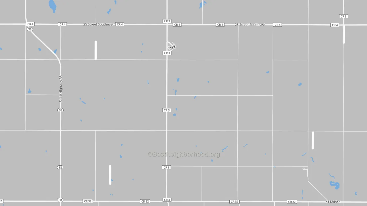 Walk Grade map of Ayr, ND, walkable areas in green and car-dependent areas in red