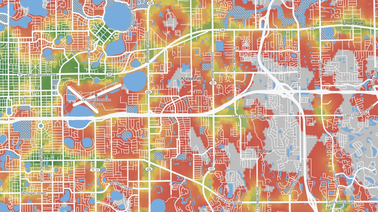 Walk Grade map of Azalea Park, FL, walkable areas in green and car-dependent areas in red