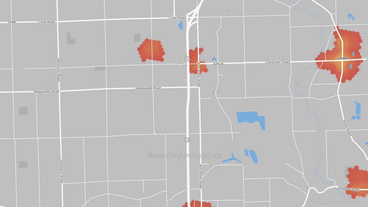 Walk Grade map of Azalia, MI, walkable areas in green and car-dependent areas in red