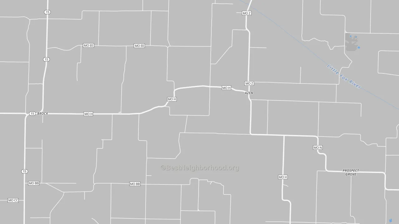 Walk Grade map of Azen, MO, walkable areas in green and car-dependent areas in red