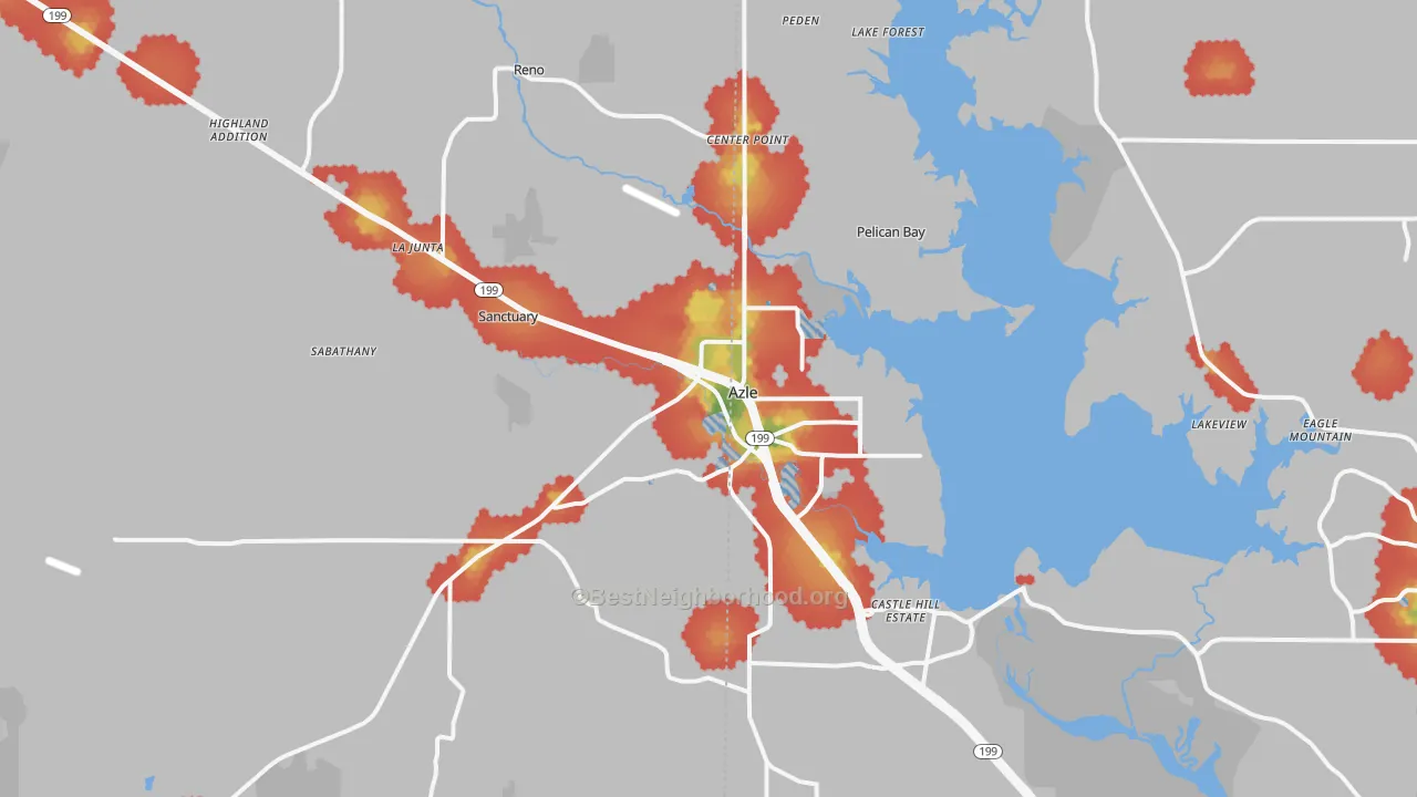 Walk Grade map of Azle, TX, walkable areas in green and car-dependent areas in red