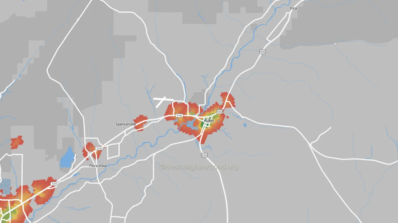 Walk Grade map of Aztec, NM, walkable areas in green and car-dependent areas in red