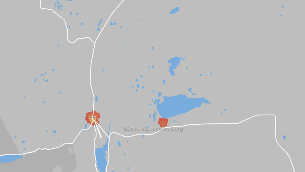 Walk Grade map of Babb, MT, walkable areas in green and car-dependent areas in red