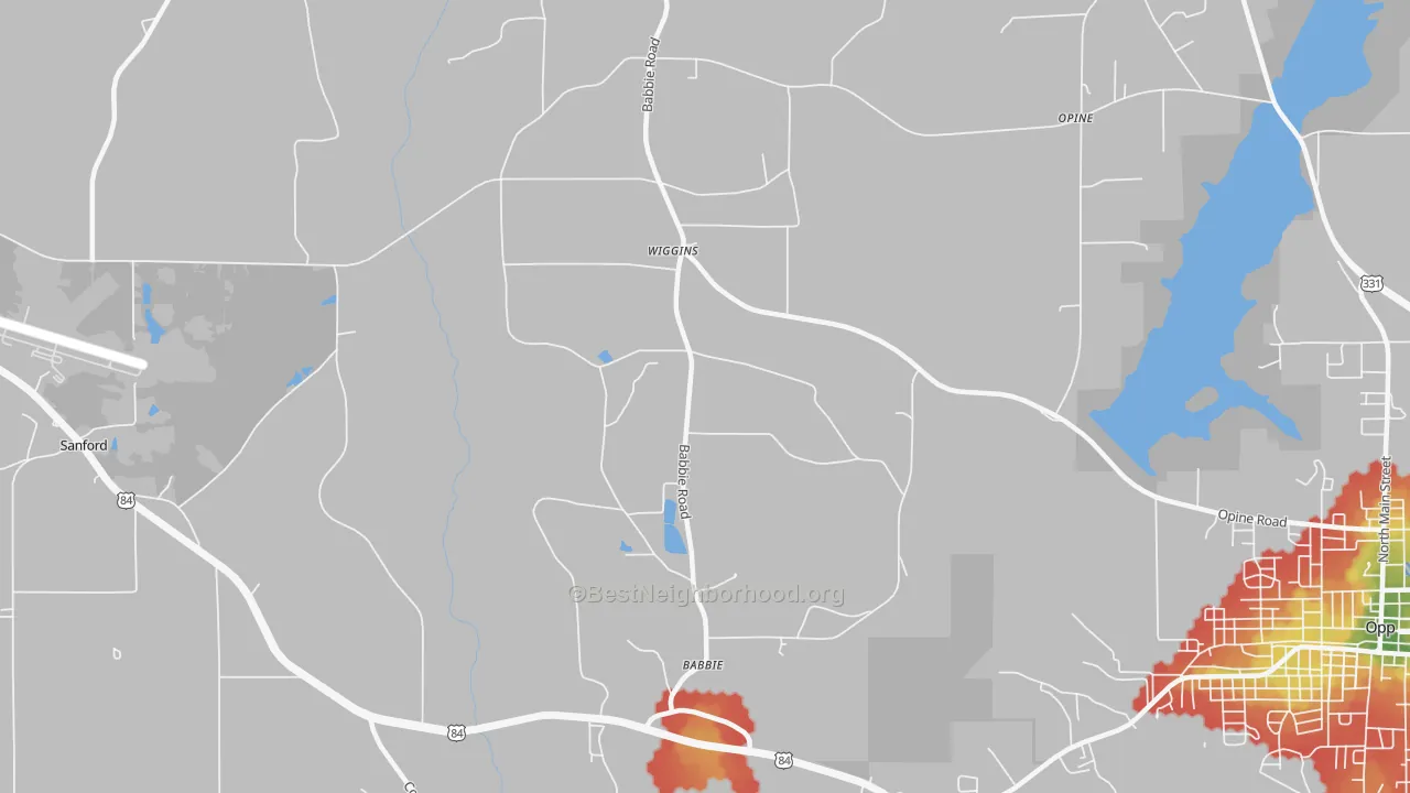 Walk Grade map of Babbie, AL, walkable areas in green and car-dependent areas in red
