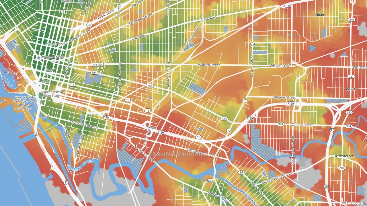 Walk Grade map of Babcock, Buffalo, NY, walkable areas in green and car-dependent areas in red