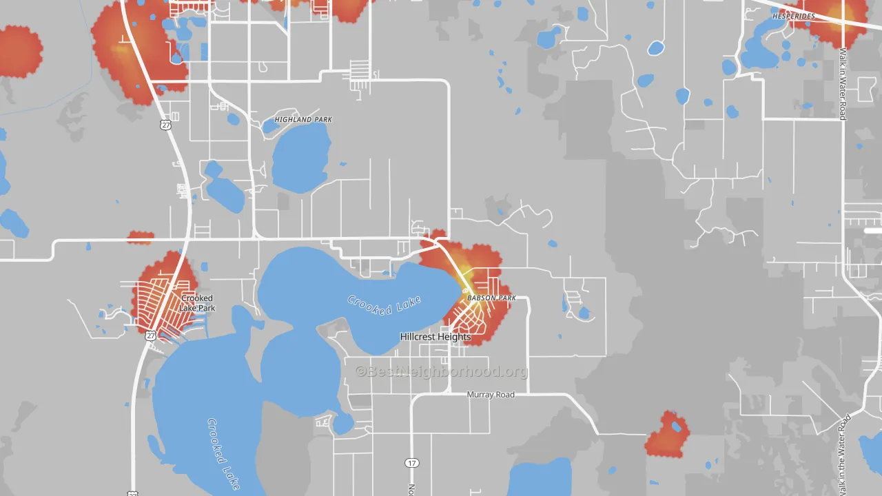 Walk Grade map of Babson Park, FL, walkable areas in green and car-dependent areas in red