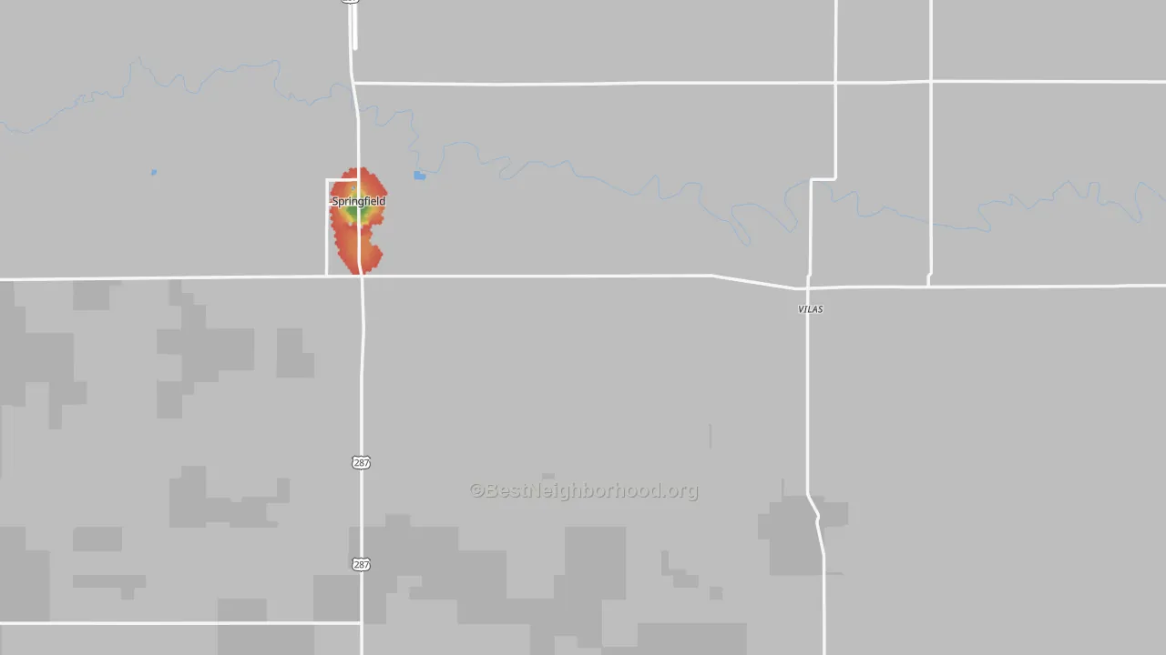 Walk Grade map of Baca County, CO, walkable areas in green and car-dependent areas in red