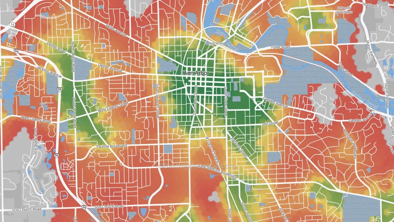 Walk Grade map of Bach, Ann Arbor, MI, walkable areas in green and car-dependent areas in red
