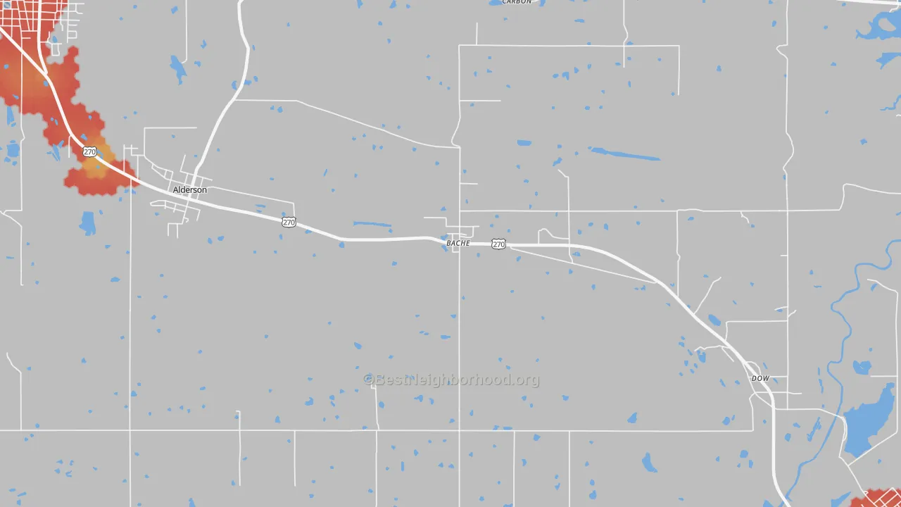 Walk Grade map of Bache, OK, walkable areas in green and car-dependent areas in red