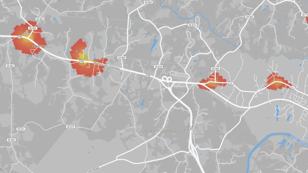 Walk Grade map of Bachelors Hall, VA, walkable areas in green and car-dependent areas in red