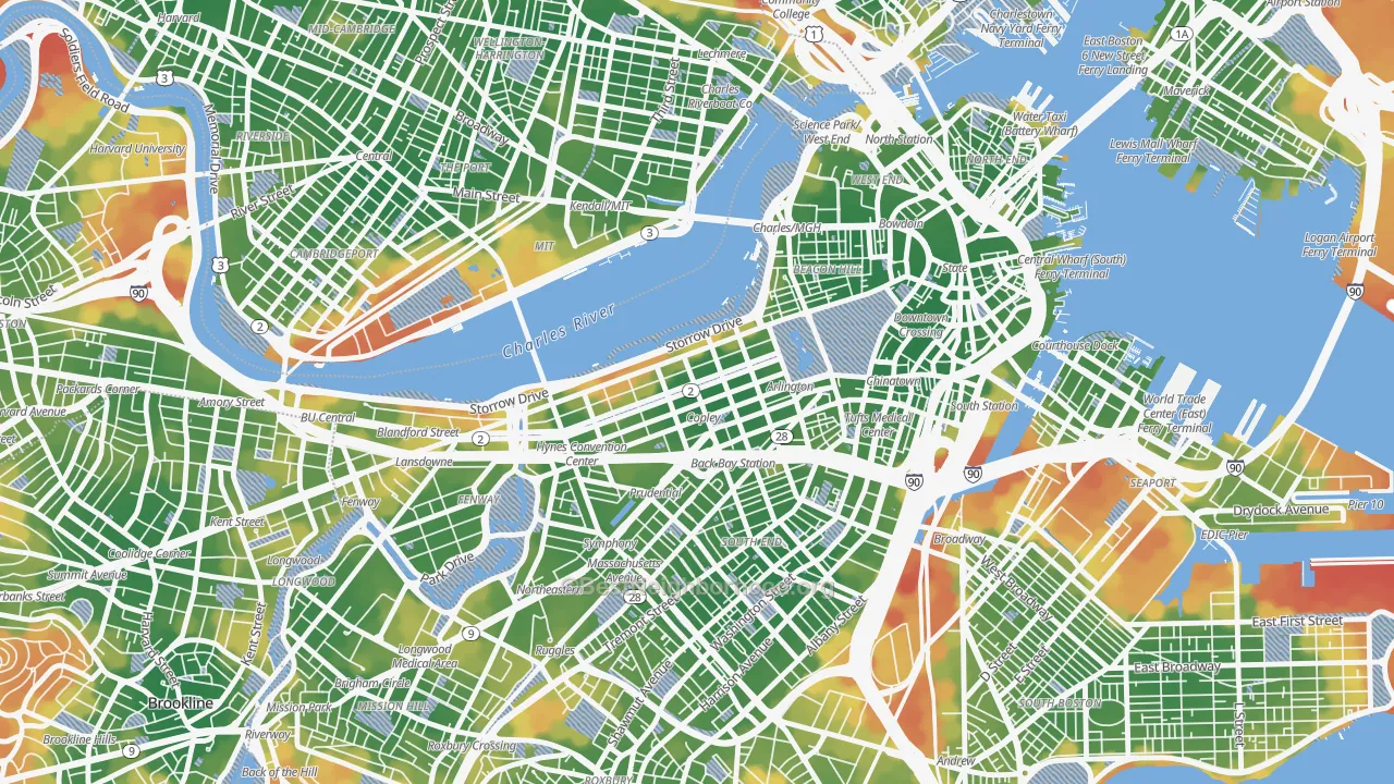 Walk Grade map of Back Bay, Boston, MA, walkable areas in green and car-dependent areas in red