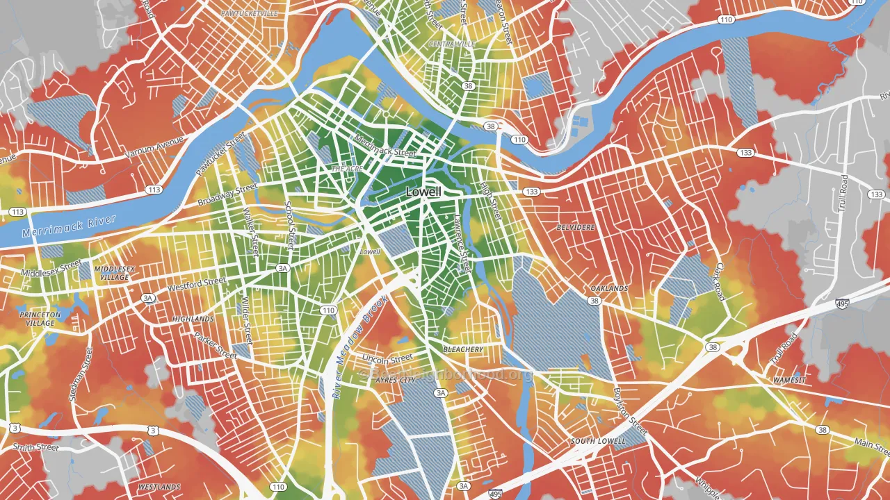 Walk Grade map of Back Central, Lowell, MA, walkable areas in green and car-dependent areas in red