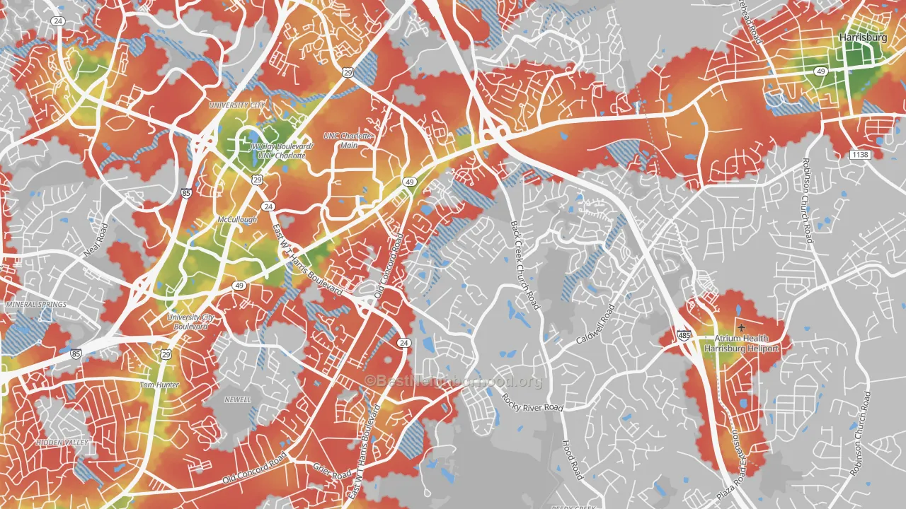 Walk Grade map of Back Creek Church Road, Charlotte, NC, walkable areas in green and car-dependent areas in red