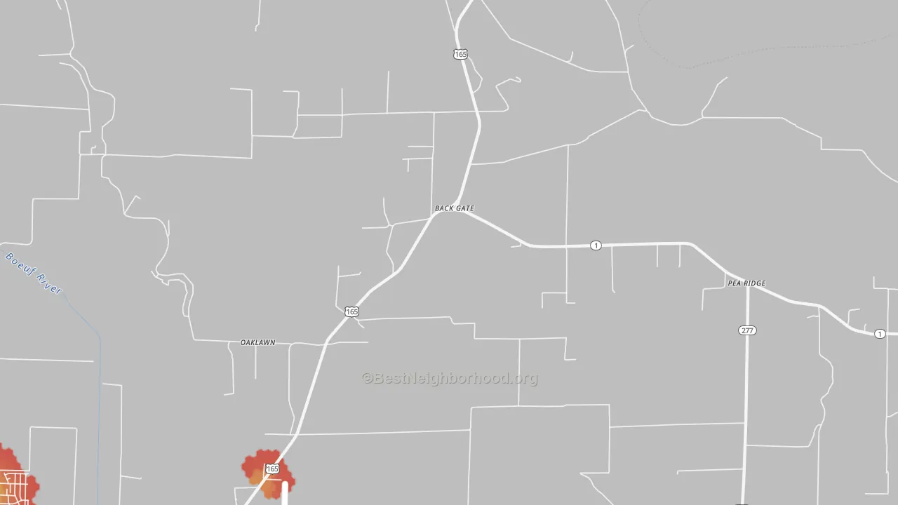Walk Grade map of Back Gate, AR, walkable areas in green and car-dependent areas in red