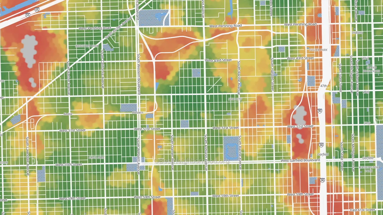 Walk Grade map of Back of the Yards, Chicago, IL, walkable areas in green and car-dependent areas in red