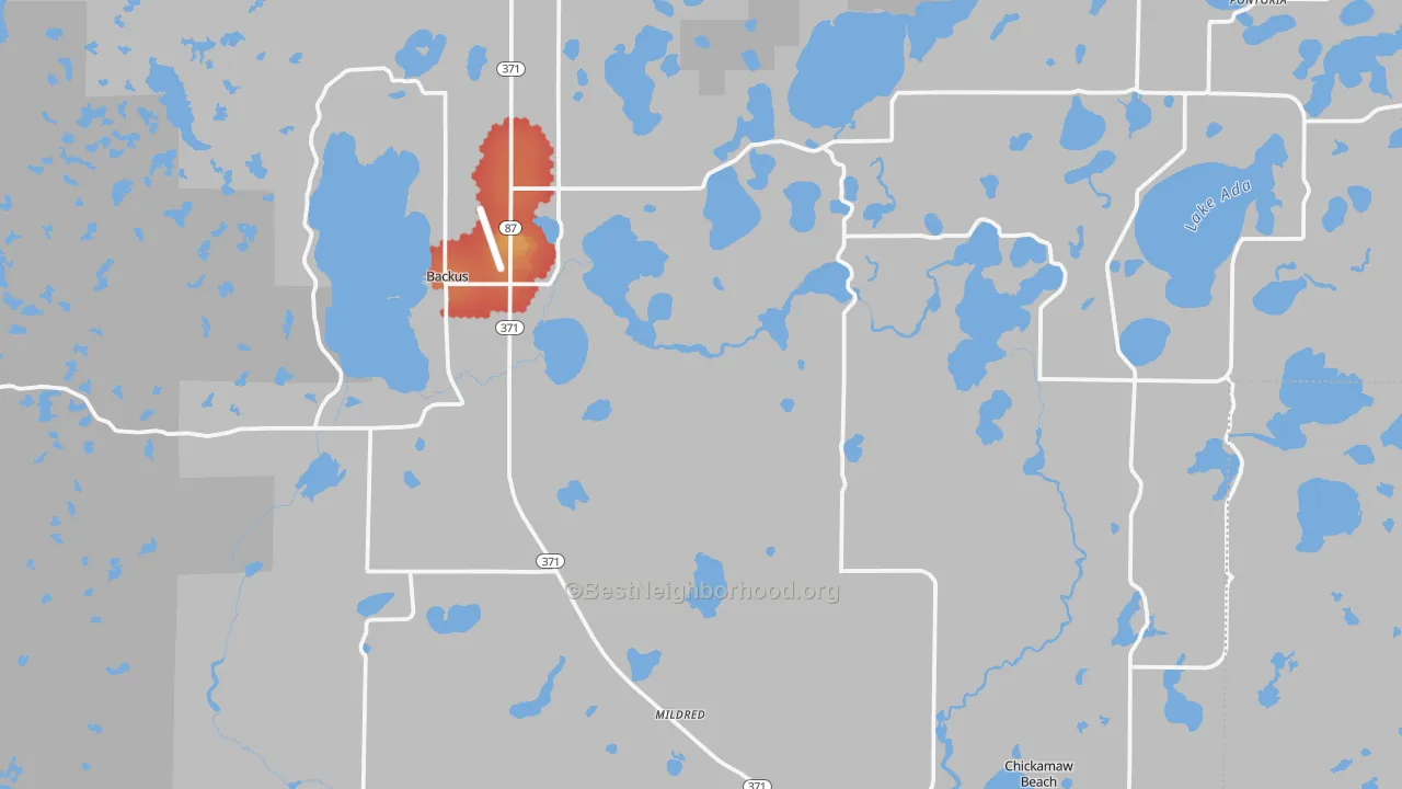 Walk Grade map of Backus, MN, walkable areas in green and car-dependent areas in red