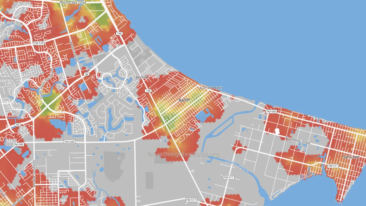 Walk Grade map of Bacliff, TX, walkable areas in green and car-dependent areas in red
