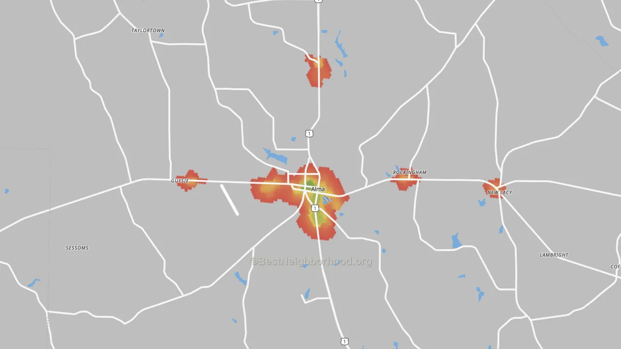 Walk Grade map of Bacon County, GA, walkable areas in green and car-dependent areas in red