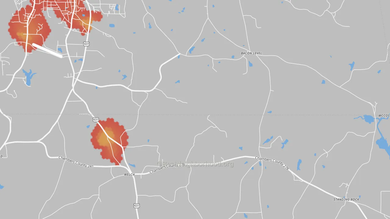 Walk Grade map of Bacon Level, AL, walkable areas in green and car-dependent areas in red