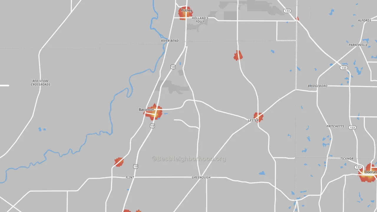 Walk Grade map of Baconton, GA, walkable areas in green and car-dependent areas in red