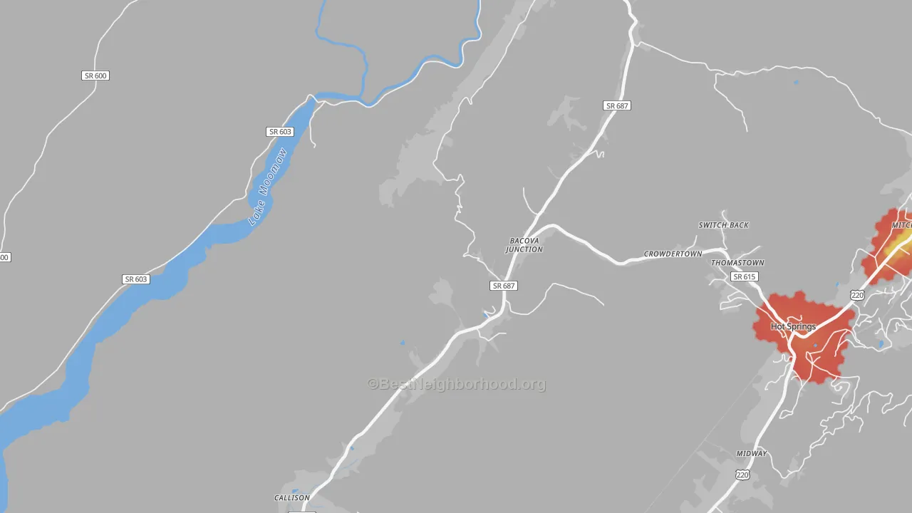 Walk Grade map of Bacova Junction, VA, walkable areas in green and car-dependent areas in red