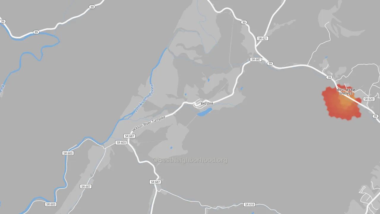 Walk Grade map of Bacova, VA, walkable areas in green and car-dependent areas in red