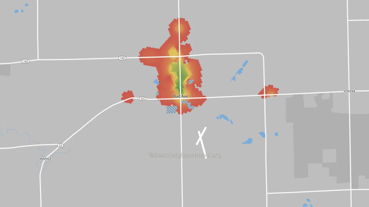 Walk Grade map of Bad Axe, MI, walkable areas in green and car-dependent areas in red