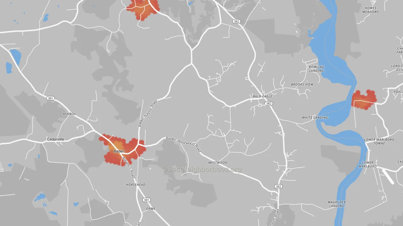 Walk Grade map of Baden, MD, walkable areas in green and car-dependent areas in red