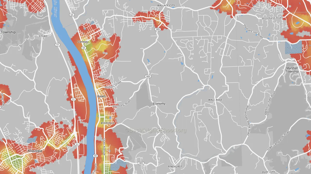 Walk Grade map of Baden, PA, walkable areas in green and car-dependent areas in red