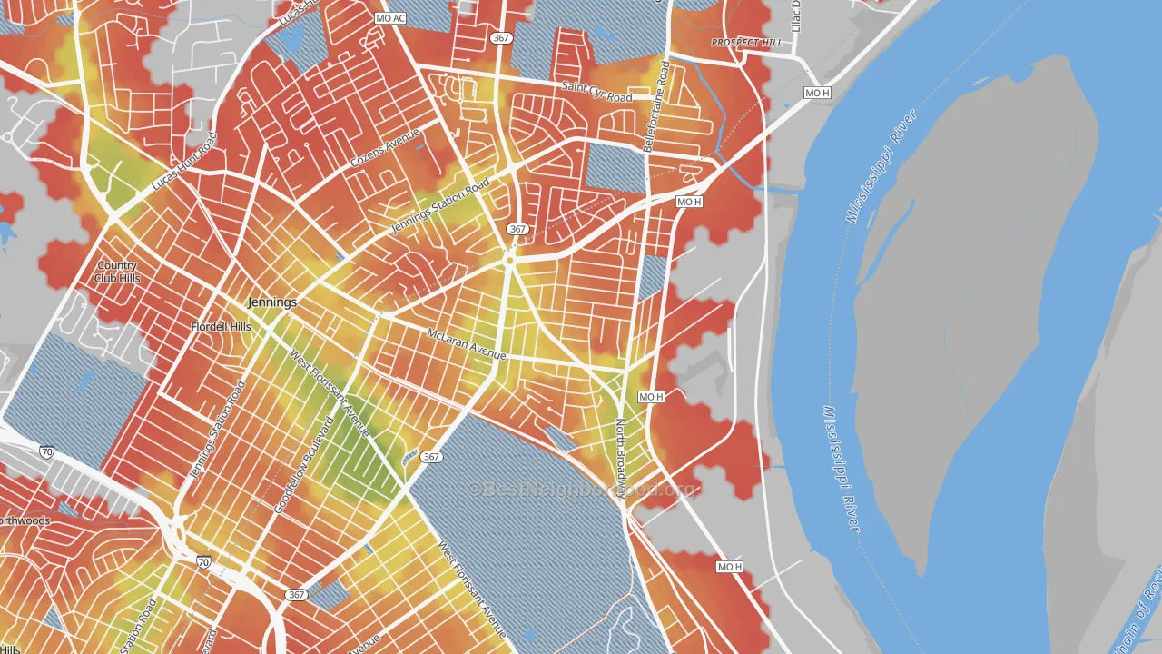 Walk Grade map of Baden, St. Louis, MO, walkable areas in green and car-dependent areas in red