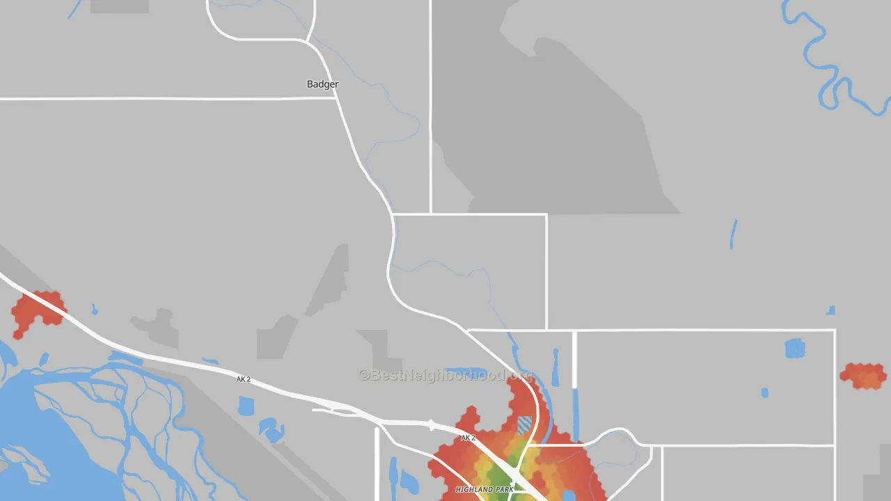 Walk Grade map of Badger, AK, walkable areas in green and car-dependent areas in red