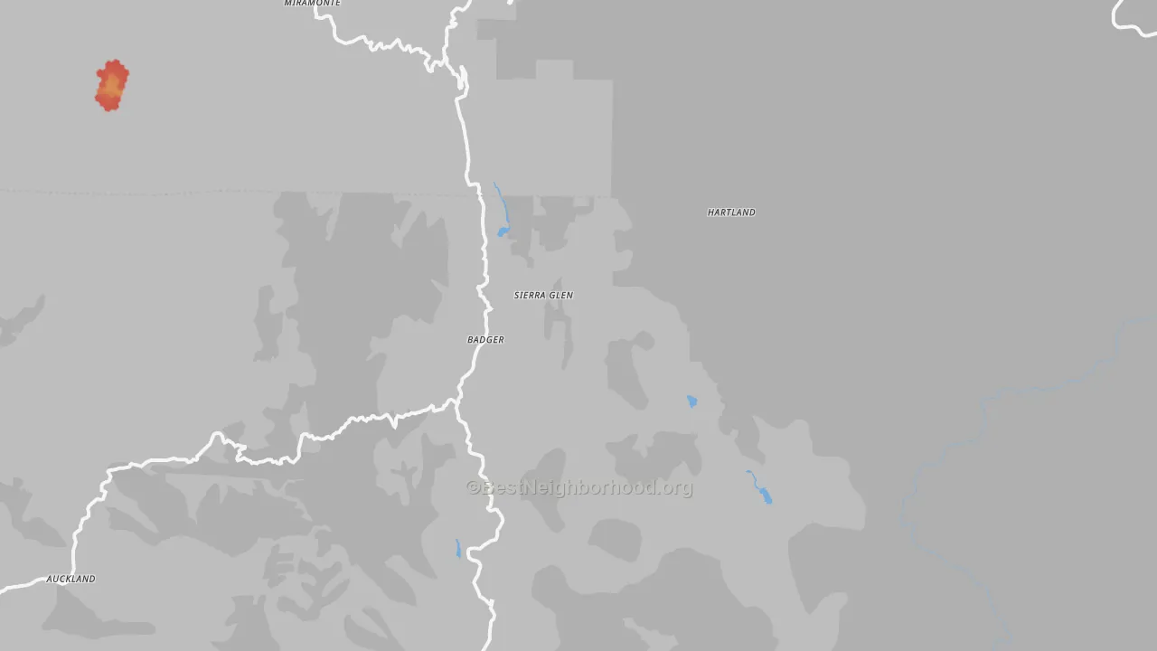 Walk Grade map of Badger, CA, walkable areas in green and car-dependent areas in red